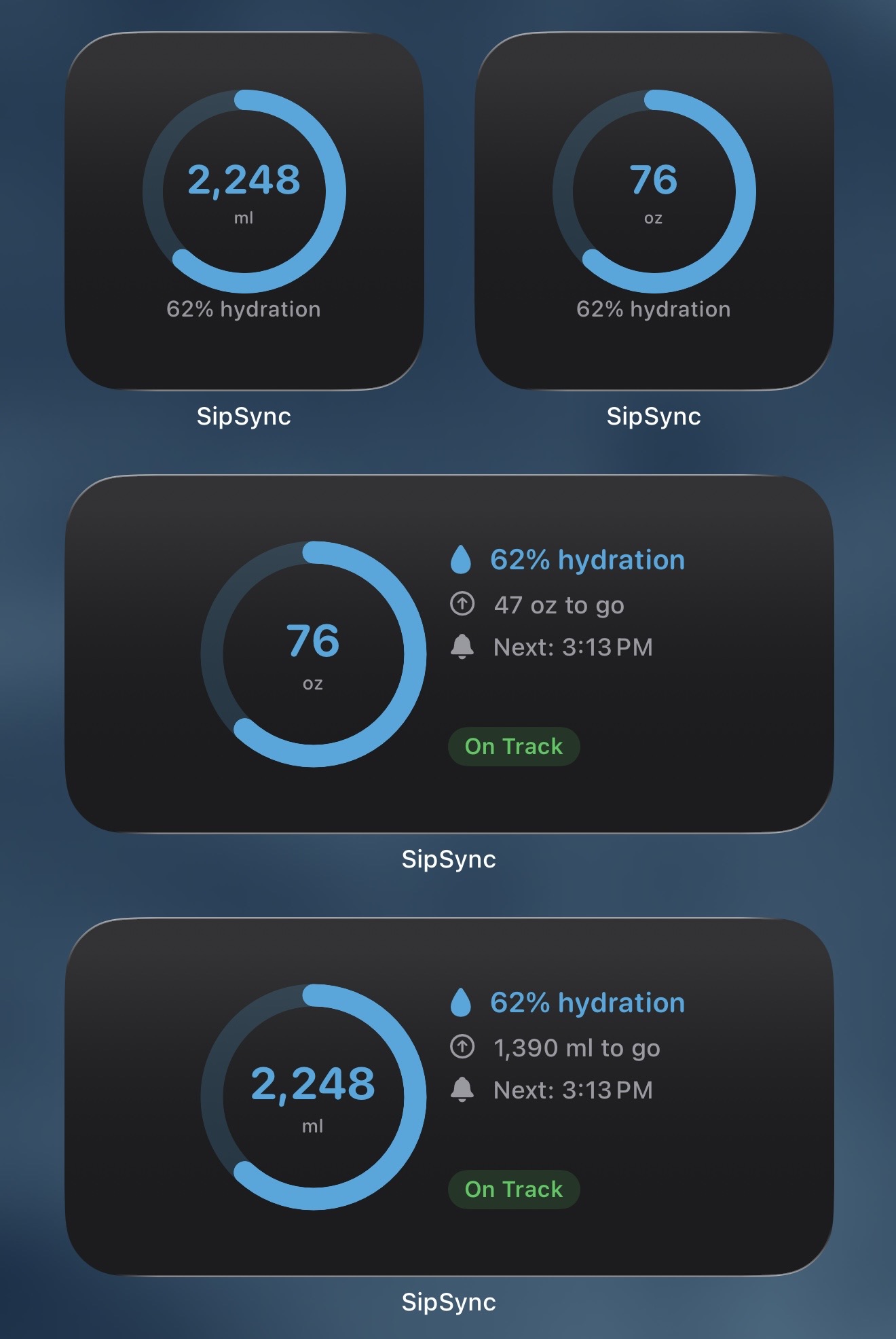 SipSync lock screen hydration widget with daily progress ring and target status